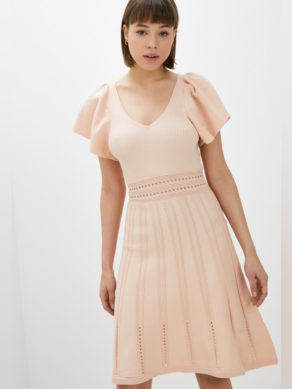 Sandro Pink Rib Knit Fit and Flare Mini Dress